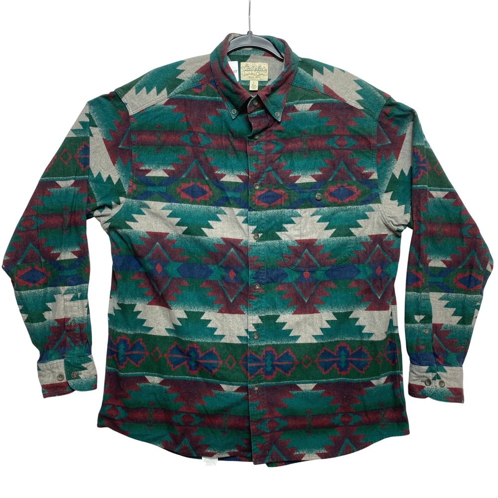 Cabela's Shirt Mens L Green Long Sleeve Southwestern 90-2149 Button Down Cotton